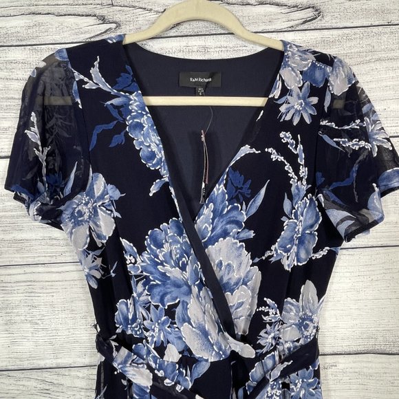 NWT R&M RICHARDS Navy Hi-Lo Belted Long Maxi Faux Wrap Dress Sz 6 - Picture 3 of 14
